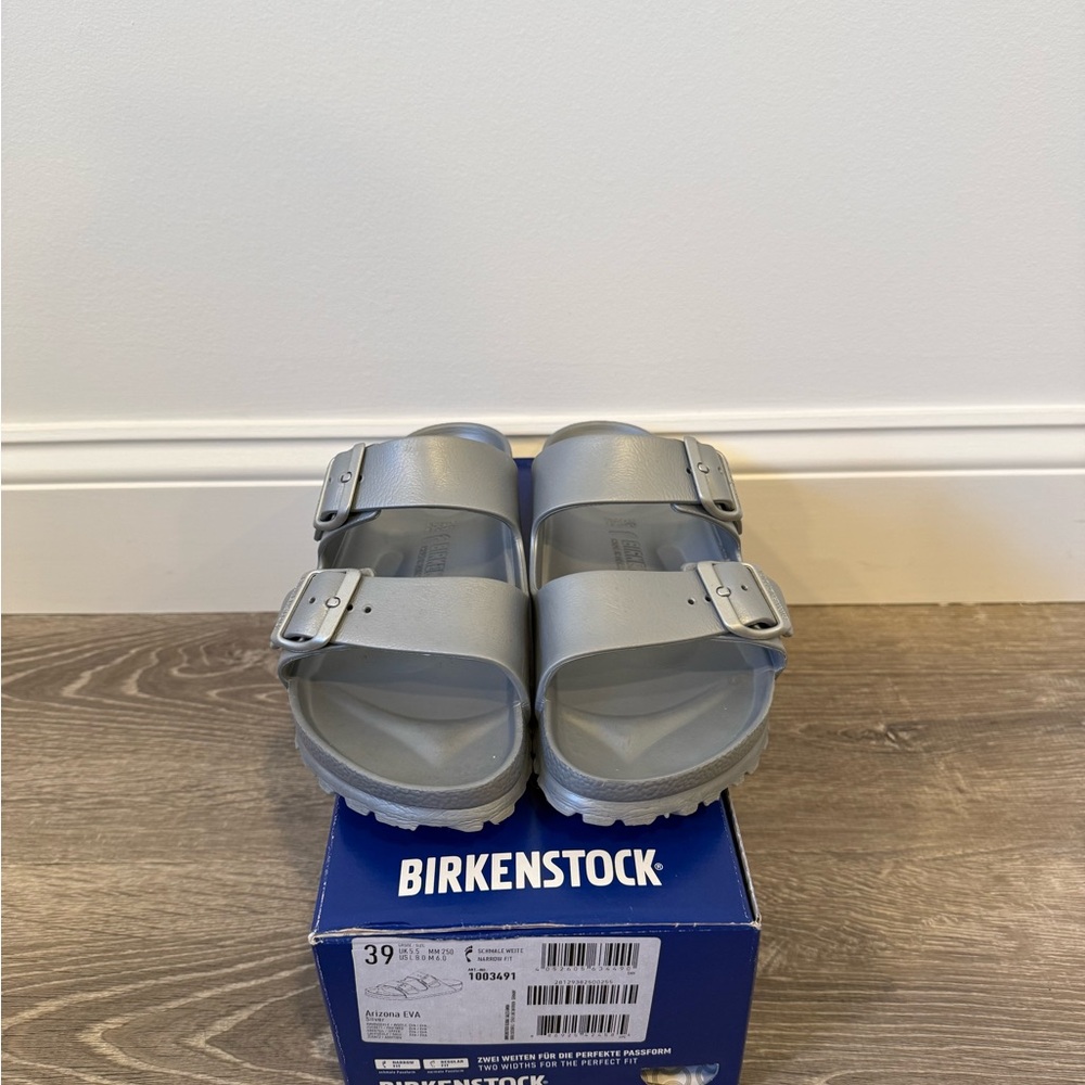 Birkenstock Eva Arizona Metallic Silver Double Strap Sandals - Picture 5 of 6